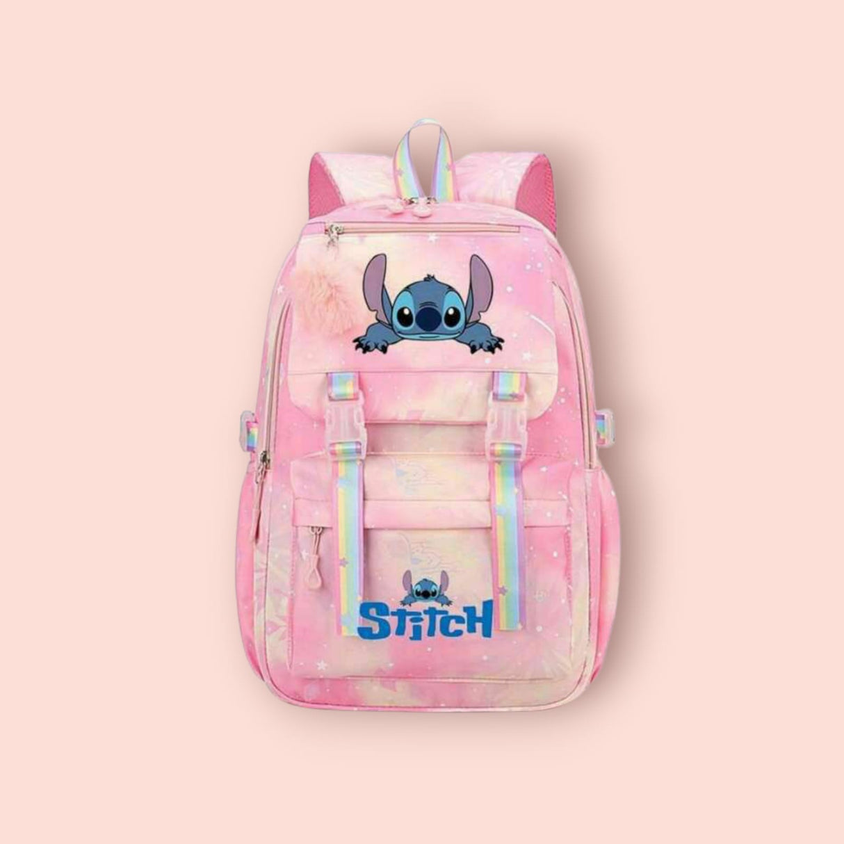 Pink backpack with Stitch cartoon character on a beige background
