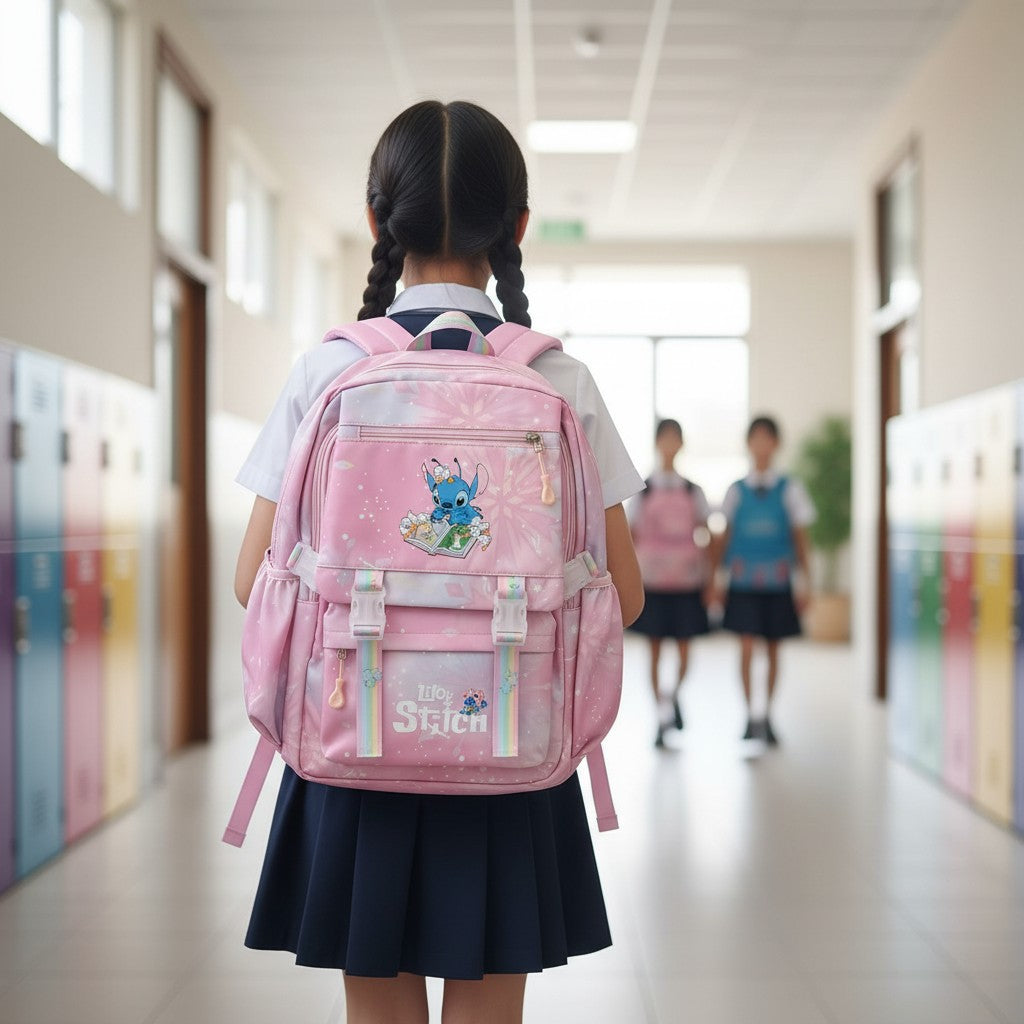 Girl wearing a pink Stitch school backpack with rainbow trim, Jack Gifts Online Lebanon