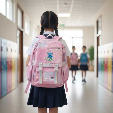 Girl wearing a pink Stitch school backpack with rainbow trim, Jack Gifts Online Lebanon