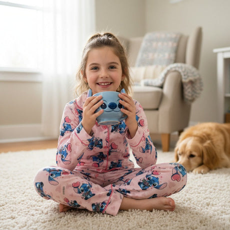 Young girl in pink stitch pajamas holding a blue mug in a living room with a dog