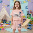 Girls peachy pink Stitch set, oval logo tee with matching drawstring shorts and Stitch badge