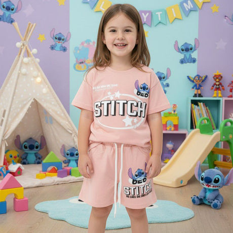Girls peachy pink Stitch set, oval logo tee with matching drawstring shorts and Stitch badge