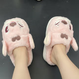 Overhead view of pink character mules, long cream lined ears hanging down each side