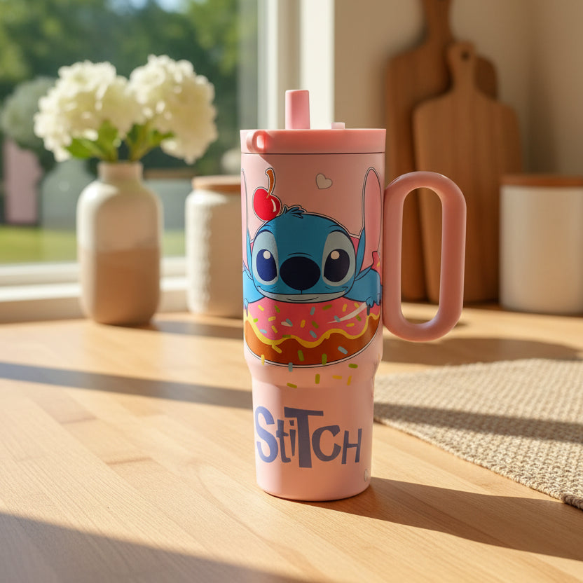 Dusty pink Stitch tumbler printed with Stitch in a sprinkled donut, straw inserted
