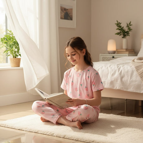 Pink short sleeve pajama set with strawberry print worn while reading