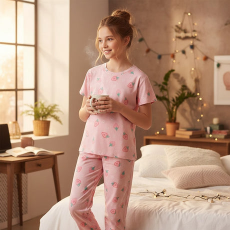 Girl in a pink strawberry print pajama set holding a mug, Jack Gifts Online Lebanon