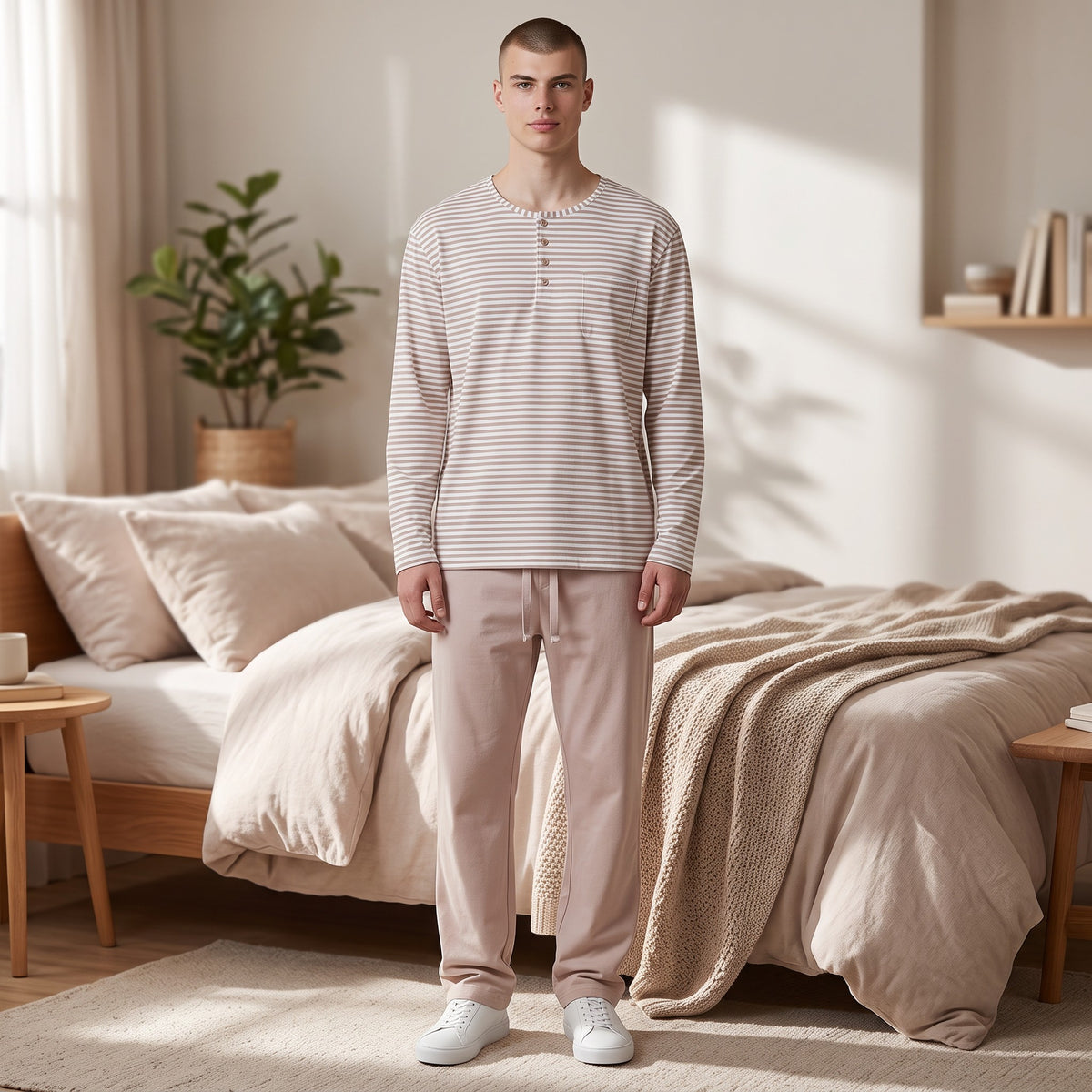 Full length view of the striped henley pyjama set showing the button placket