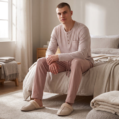 Men's pink and white striped henley pyjama top with matching pink bottoms