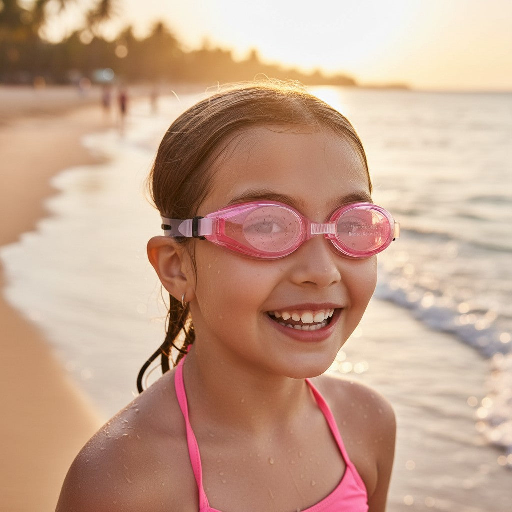 Girl wearing pink kids swim goggles at the beach, Jack Gifts Online Lebanon