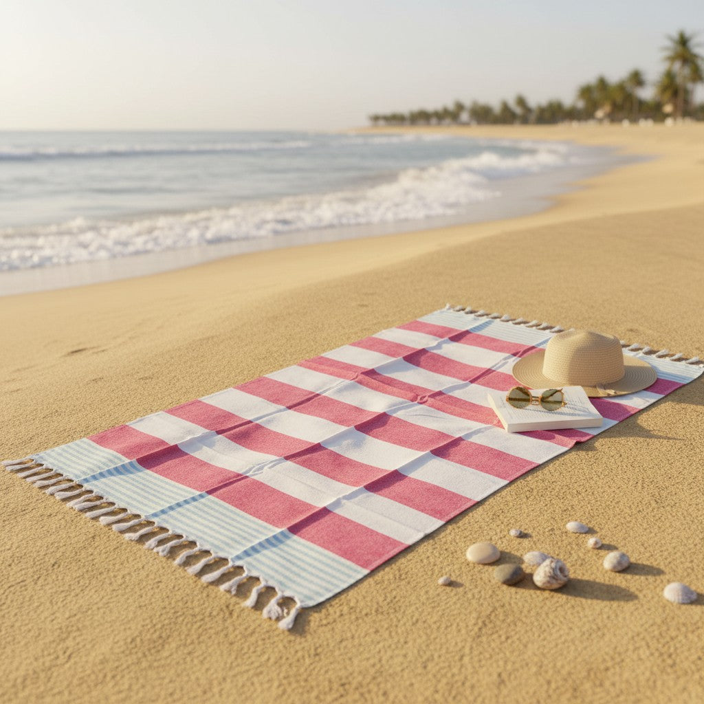 Checkered beach towel on sand with ocean and palm trees in the background