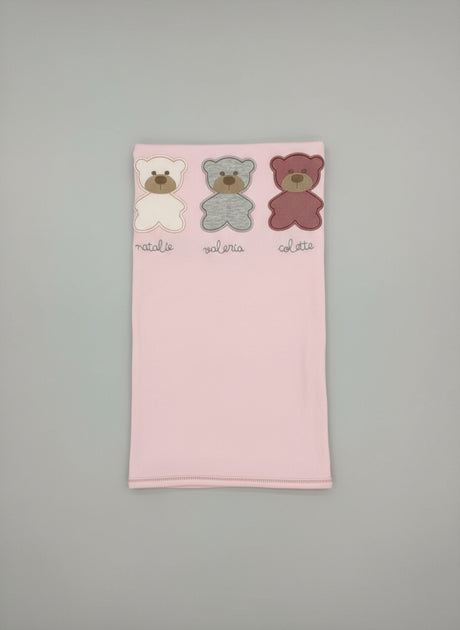 Soft baby pink blanket folded flat, cream, grey and dusty rose bear appliques with cursive embroidery