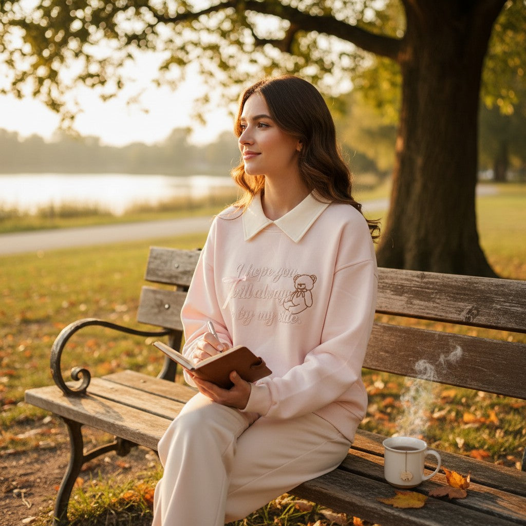 Attached cream shirt collar shown at the neckline of the pink sweatshirt