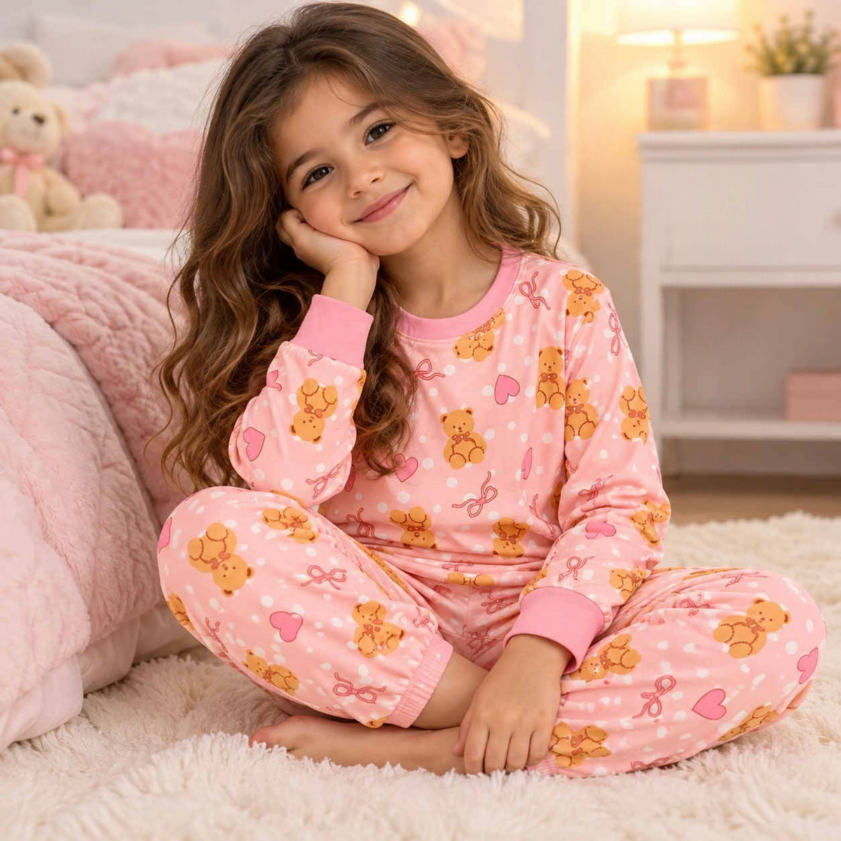 Girl in a pink teddy bear print PJ set with hearts and bows, sitting on a fluffy rug