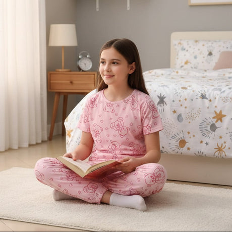 Pink short sleeve pajama set with teddy bear outline print worn cross legged