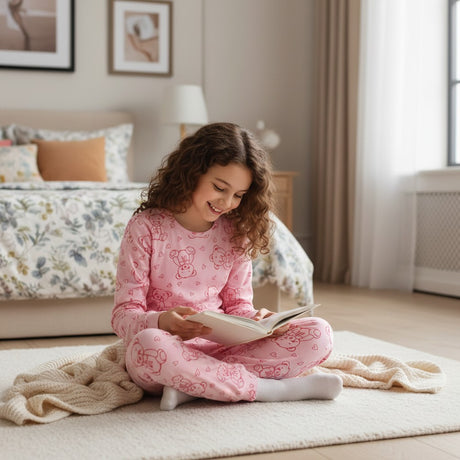 Girl in a pink teddy bear outline print pajama set reading