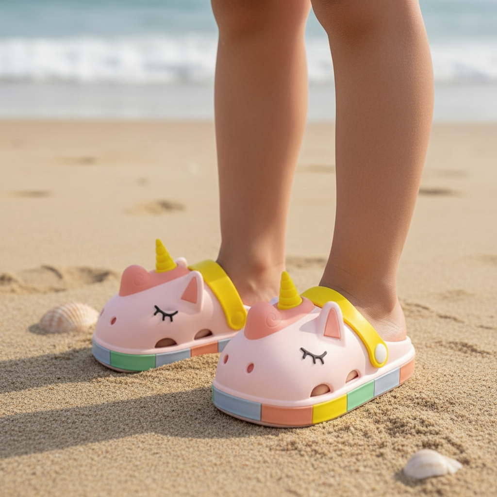 Kids pink unicorn clogs with gold horn and yellow back strap, Jack Gifts Online Lebanon