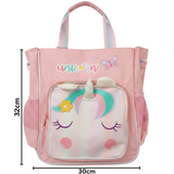 Pink unicorn kids tote bag with mesh side pockets and a zip front pocket