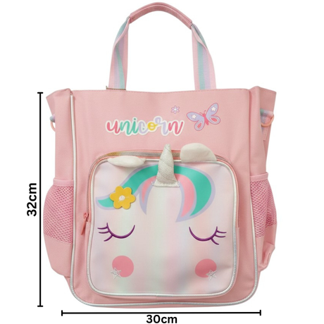 Pink unicorn kids tote bag with mesh side pockets and a zip front pocket