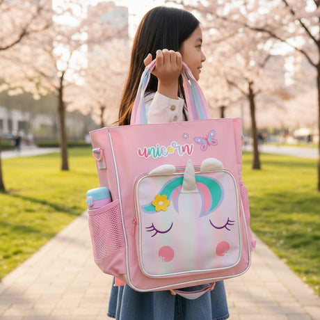 Girl carrying a pink kids tote bag with a unicorn face front pocket, Jack Gifts Online Lebanon