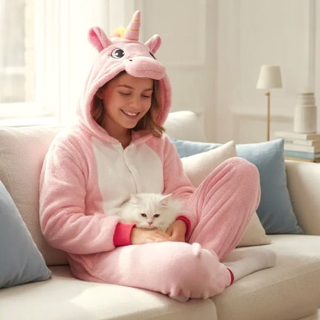 Girl in a pink unicorn onesie cuddling a cat on the sofa