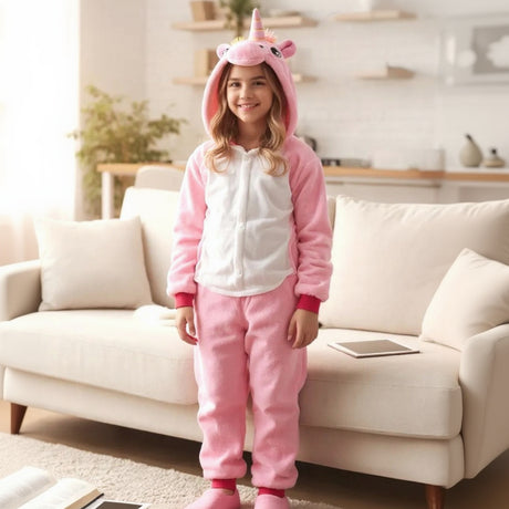 Girl standing in a pink unicorn onesie with the hood up