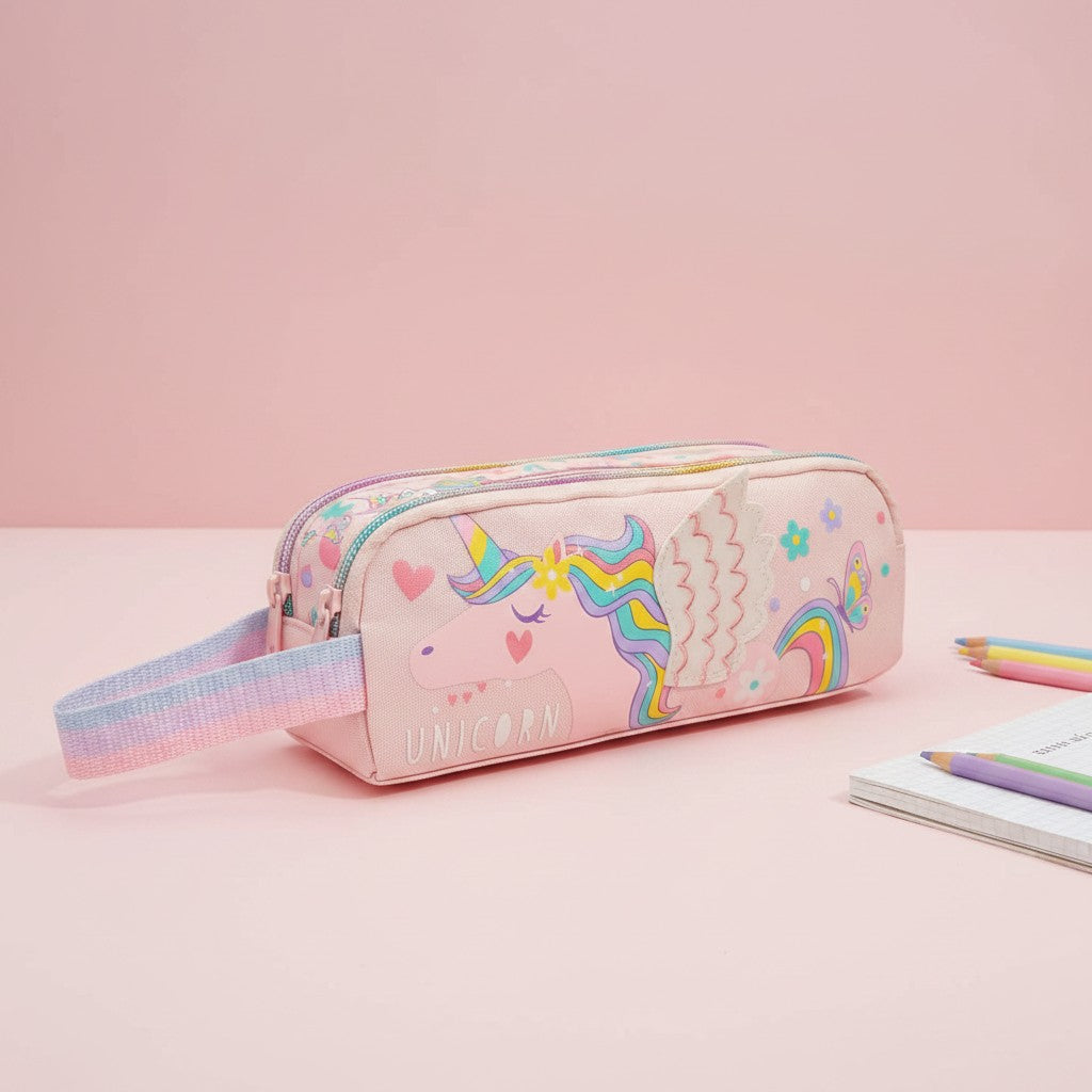 Pink unicorn pencil case with 3D wings and rainbow strap, Jack Gifts Online Lebanon