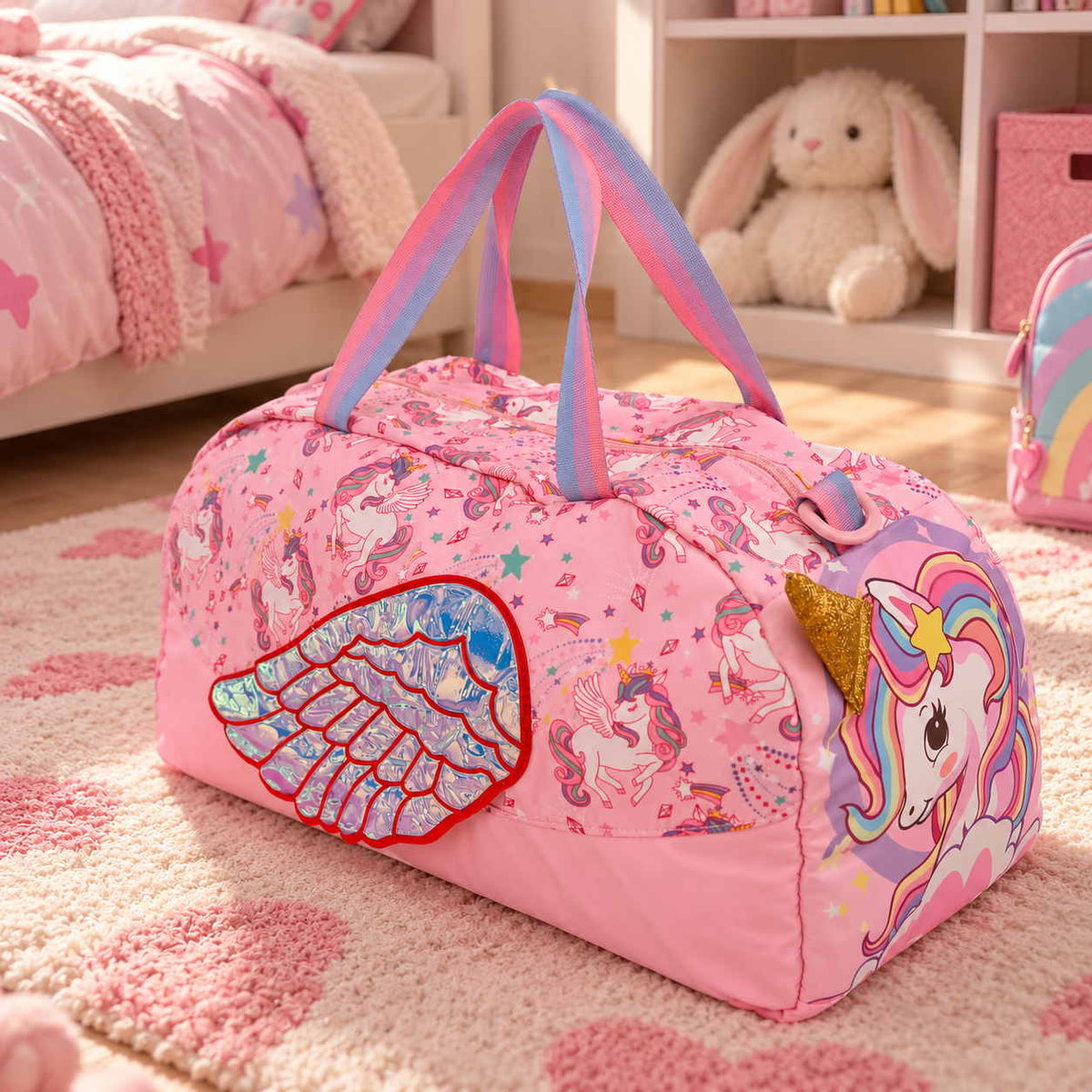 Pink unicorn print duffle bag with a holographic wing and gold horn on a heart rug in a girls bedroom
