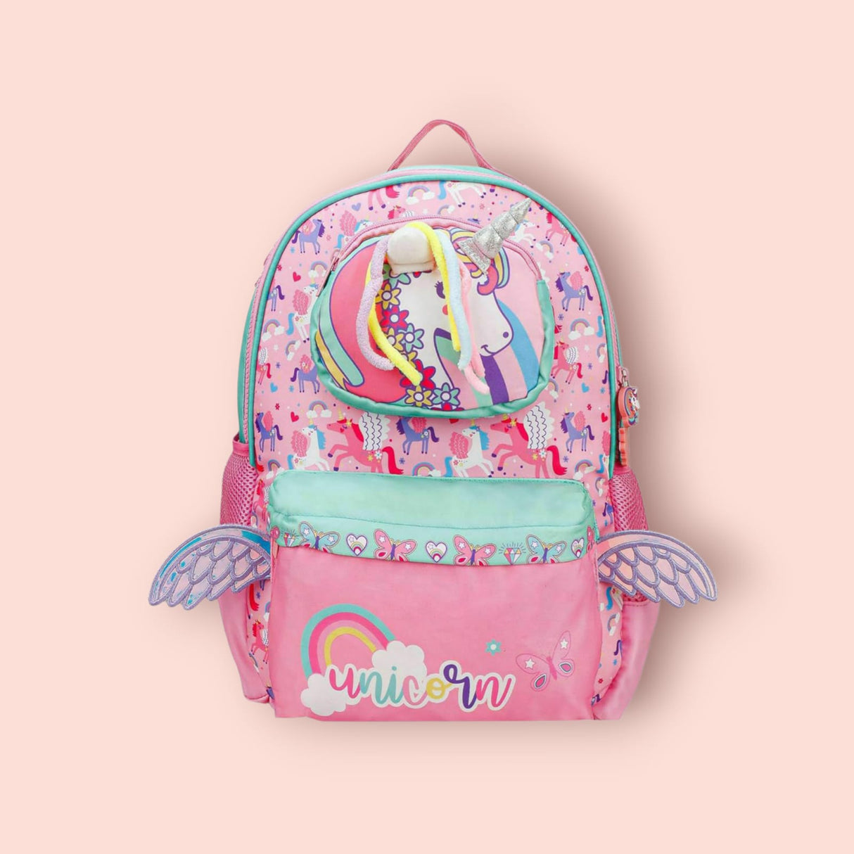 Unicorn and rainbow print backpack with mint front pocket and side butterfly wings