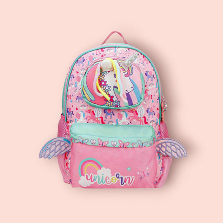 Unicorn and rainbow print backpack with mint front pocket and side butterfly wings