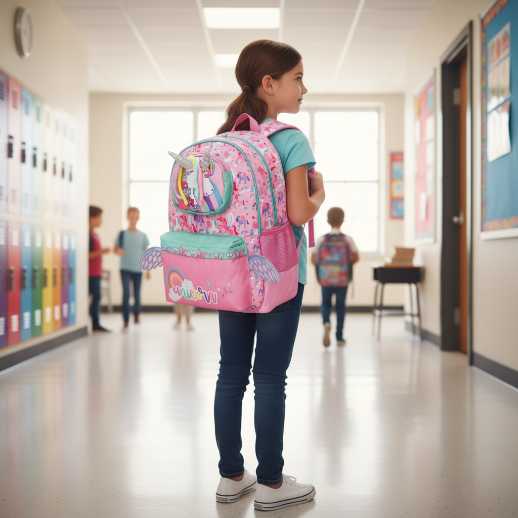 Girls pink unicorn backpack with 3D horn pouch and glitter butterfly wings
