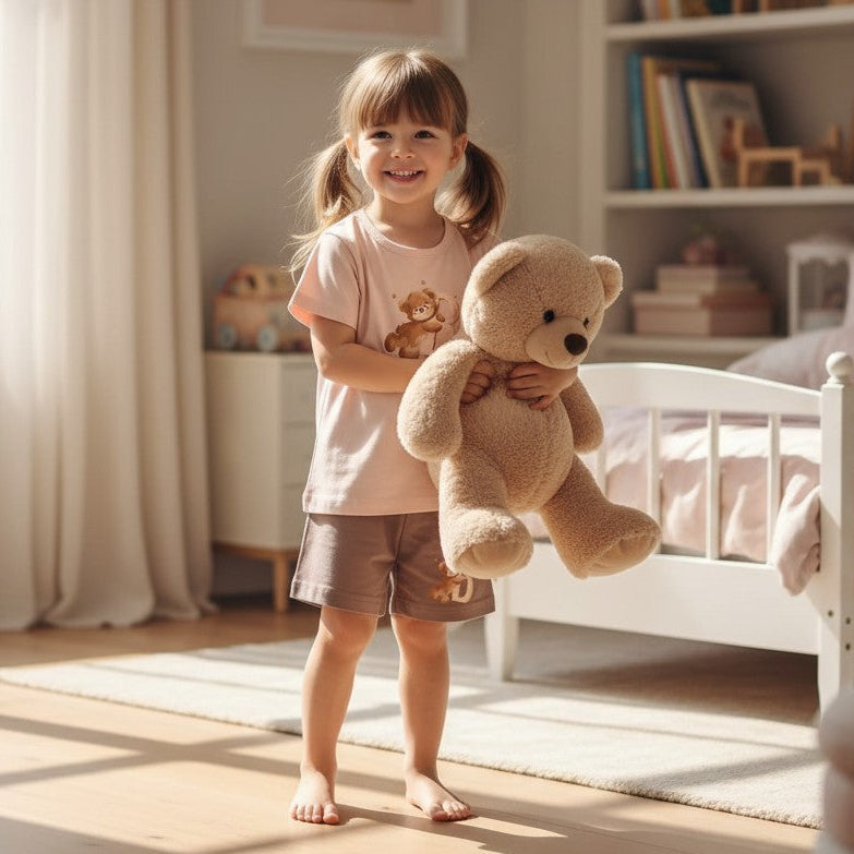Child holding a teddy bear in a bright, sunlit bedroom with toys and books.