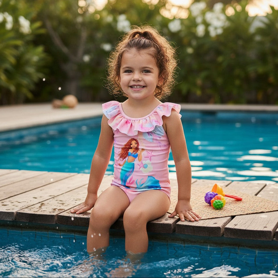 Young girl in a colorful swimsuit sitting by a pool with toys nearby.