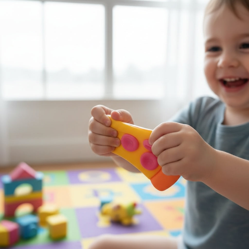 Smiling child squeezing a yellow pizza slice squishy toy with both hands in a colorful playroom