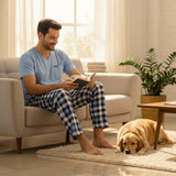 Plaid pyjama set worn reading on a sofa with a dog on the rug