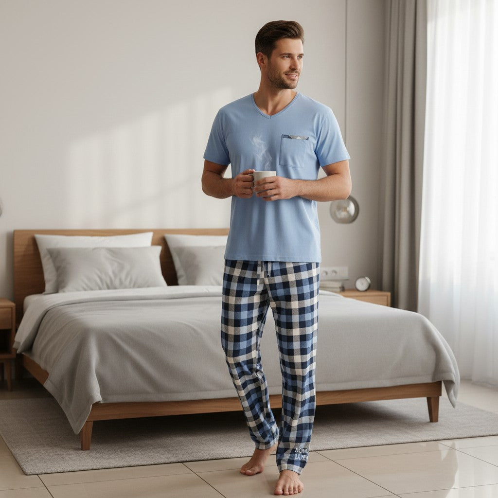 Plaid pyjama set worn holding a mug beside a neatly made bed