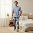 Light blue V neck tee with navy checked lounge pants