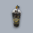 Black tumbler printed with a gold ringed Saturn and stars, with a glitter dome