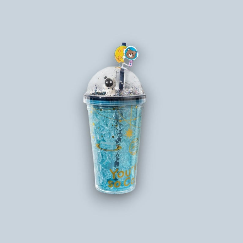 Turquoise crackled ice tumbler with gold orbit rings and a glitter dome lid