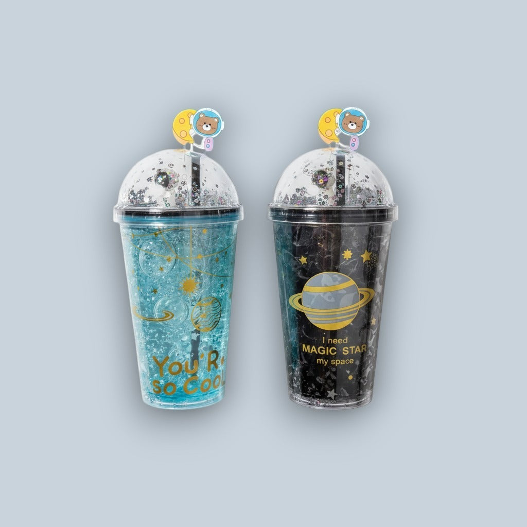 Two space tumblers in turquoise and black with gold planets and bear straw charms
