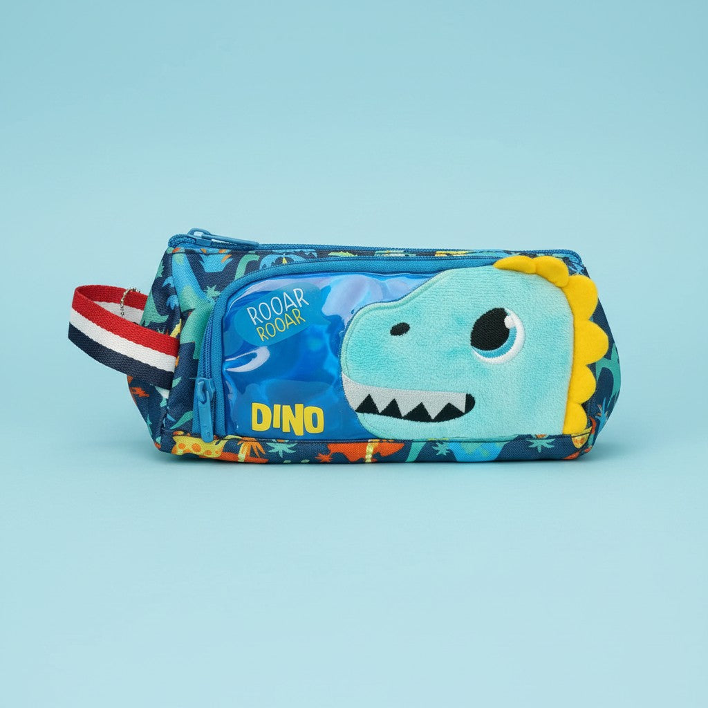 Navy dino pencil case with plush dinosaur head and clear pocket, Jack Gifts Online Lebanon