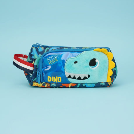 Navy dino pencil case with plush dinosaur head and clear pocket