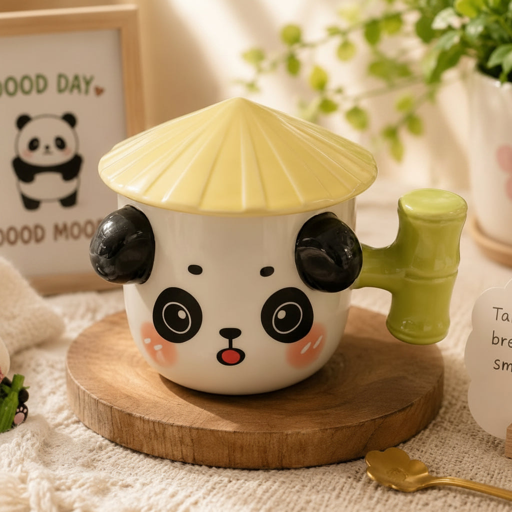 Ceramic mug with panda design and straw hat on a wooden coaster, surrounded by decorative items.