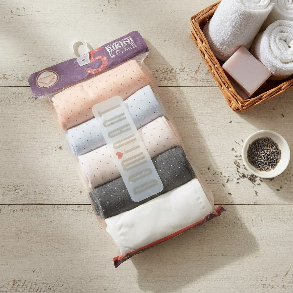 Five pack of polka dot cotton briefs laid out with resealable pack