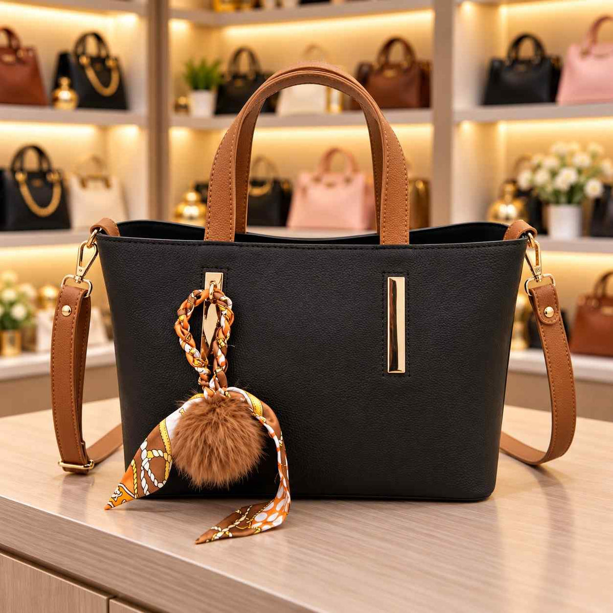 Black tote with tan handles and strap, gold bar details and an orange print scarf with a fluffy pom pom