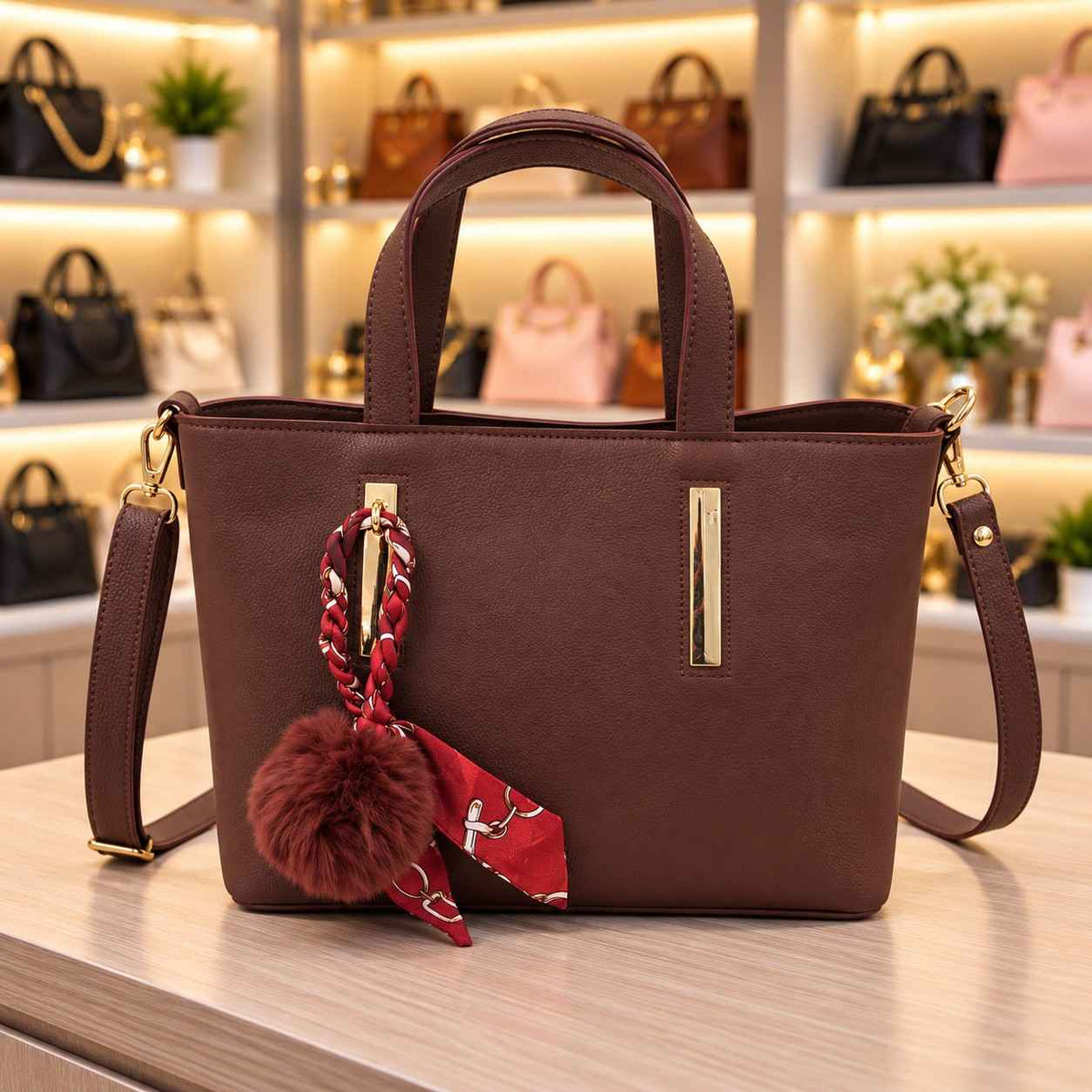 Burgundy tote bag with gold bar accents, a red braided scarf and a matching fluffy pom pom charm