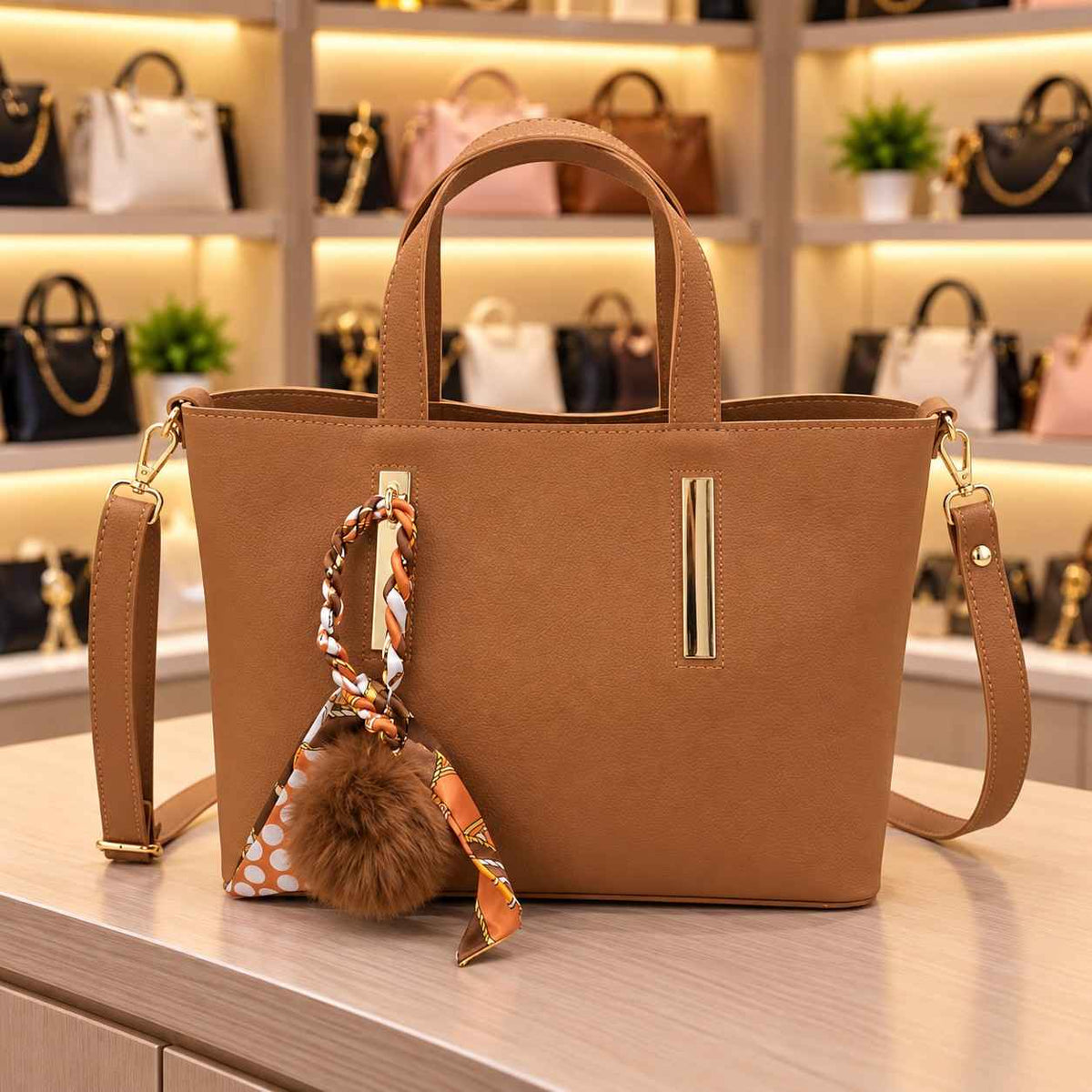 Camel tote bag with gold bar details, an orange polka dot scarf and a brown pom pom charm