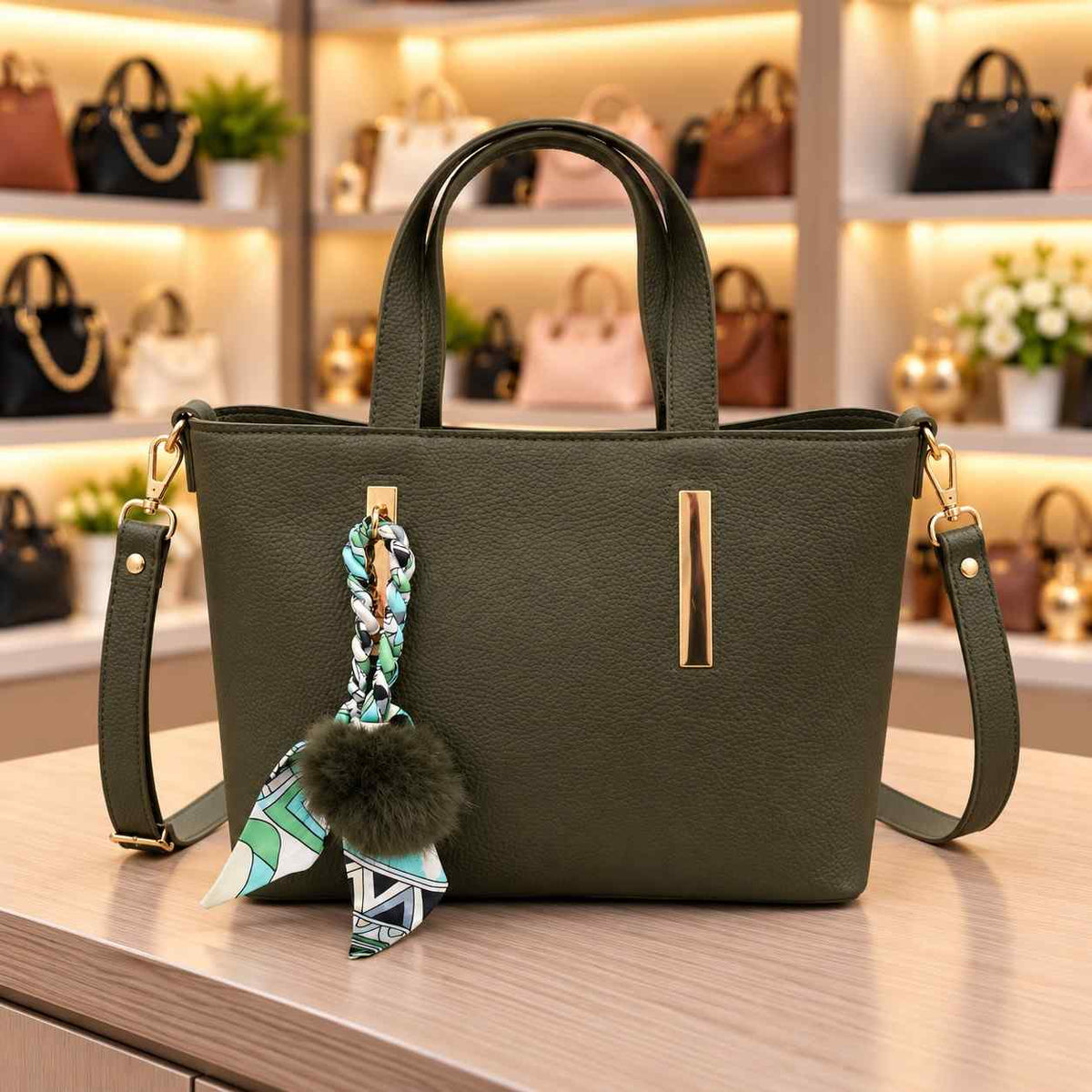 Olive green pebbled tote with a mint and white print scarf, olive pom pom and long shoulder strap