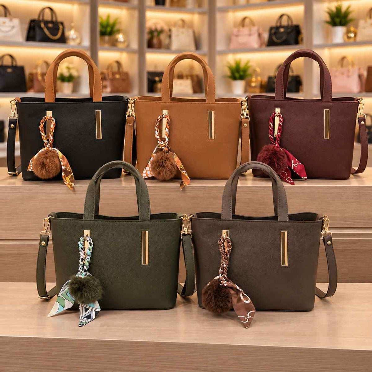 Five tote bags in black, camel, burgundy, olive and grey, each with a braided scarf and pom pom charm