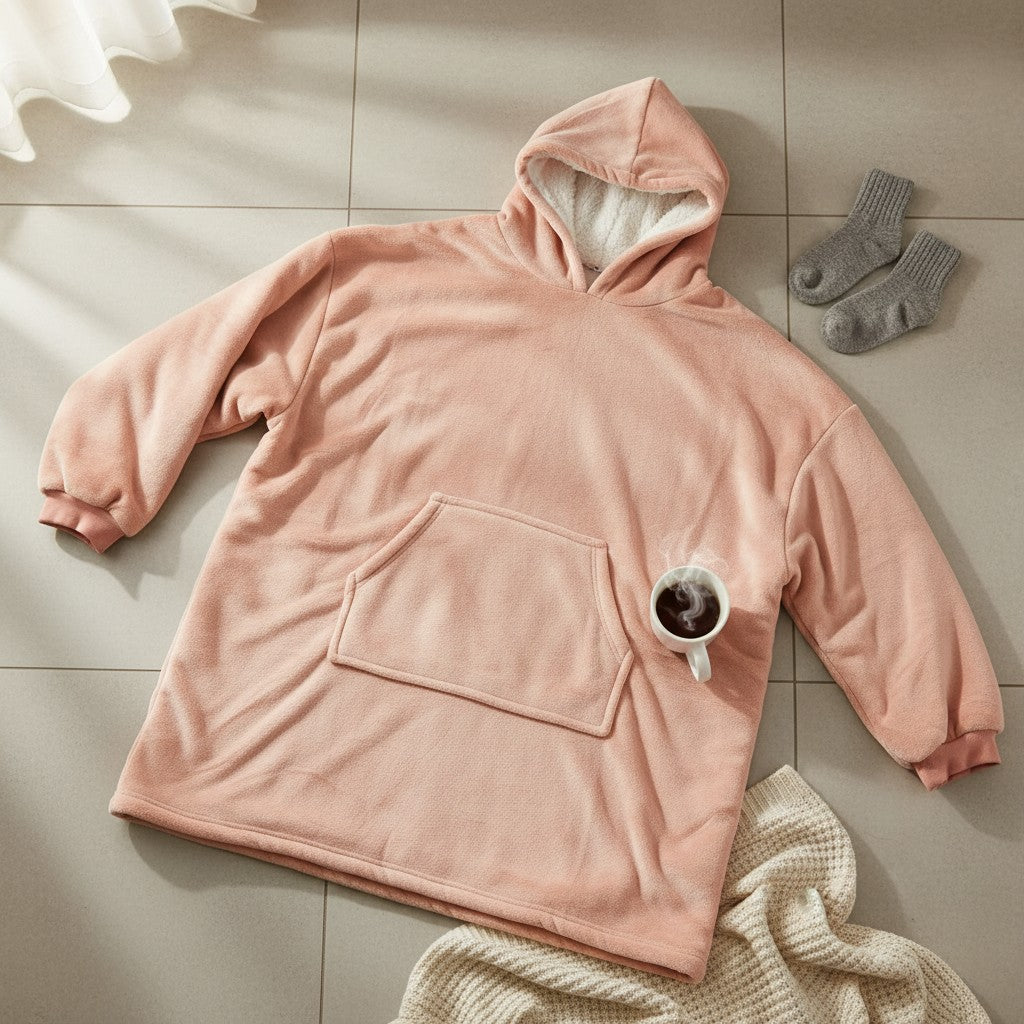 Soft pink hooded blanket laid flat showing the roomy hood and large front pocket