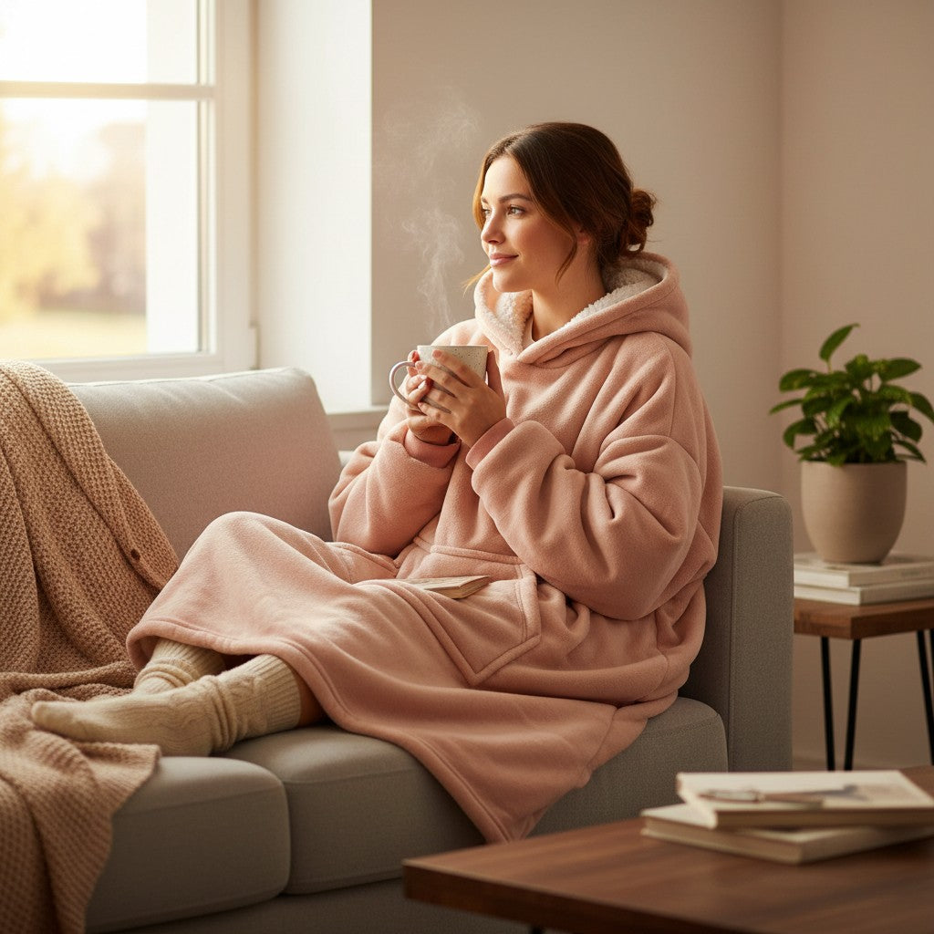 Powder pink hooded blanket with sherpa lined hood and front pocket worn curled up on a sofa